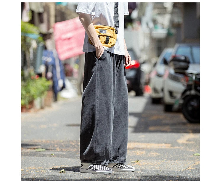 Men's Jeans Hip Hop Streetwear Skateboard Neutral Denim Trousers Men Jeans Wide Leg Denim Cargo Jean Pants Loose Straight Baggy - Premium Kiosk