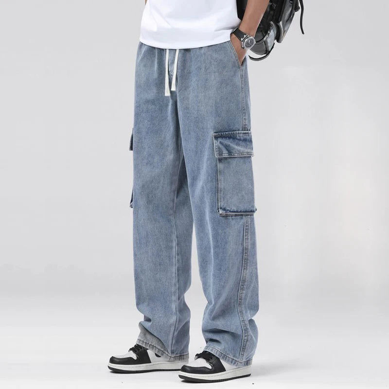 Men's Baggy Straight Cargo Jeans Elastic Waist Drawstring Casual Pants High Street Fashion Vintage Trousers Male Trendy Brand