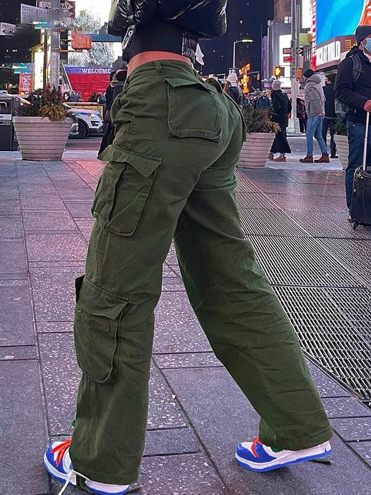 Womens New Denim Cargo Pants Retro Loose Trousers Multi Pocket Hip Hop Jeans Streetwear Wide Leg Casual Straight Pants TC708321 - Premium Kiosk