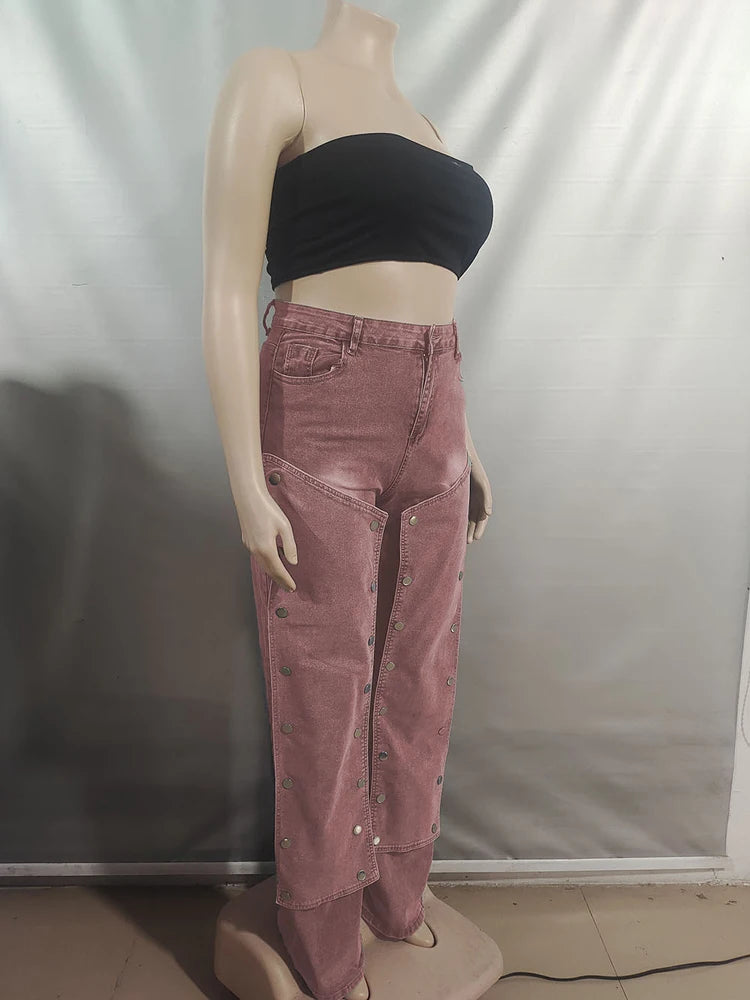 Women Streetwear Button Cutout Cargo Straight Denim Wide Leg Jeans Pants 2024 Elastic INS Fashion Party Cargo Trousers - Premium Kiosk