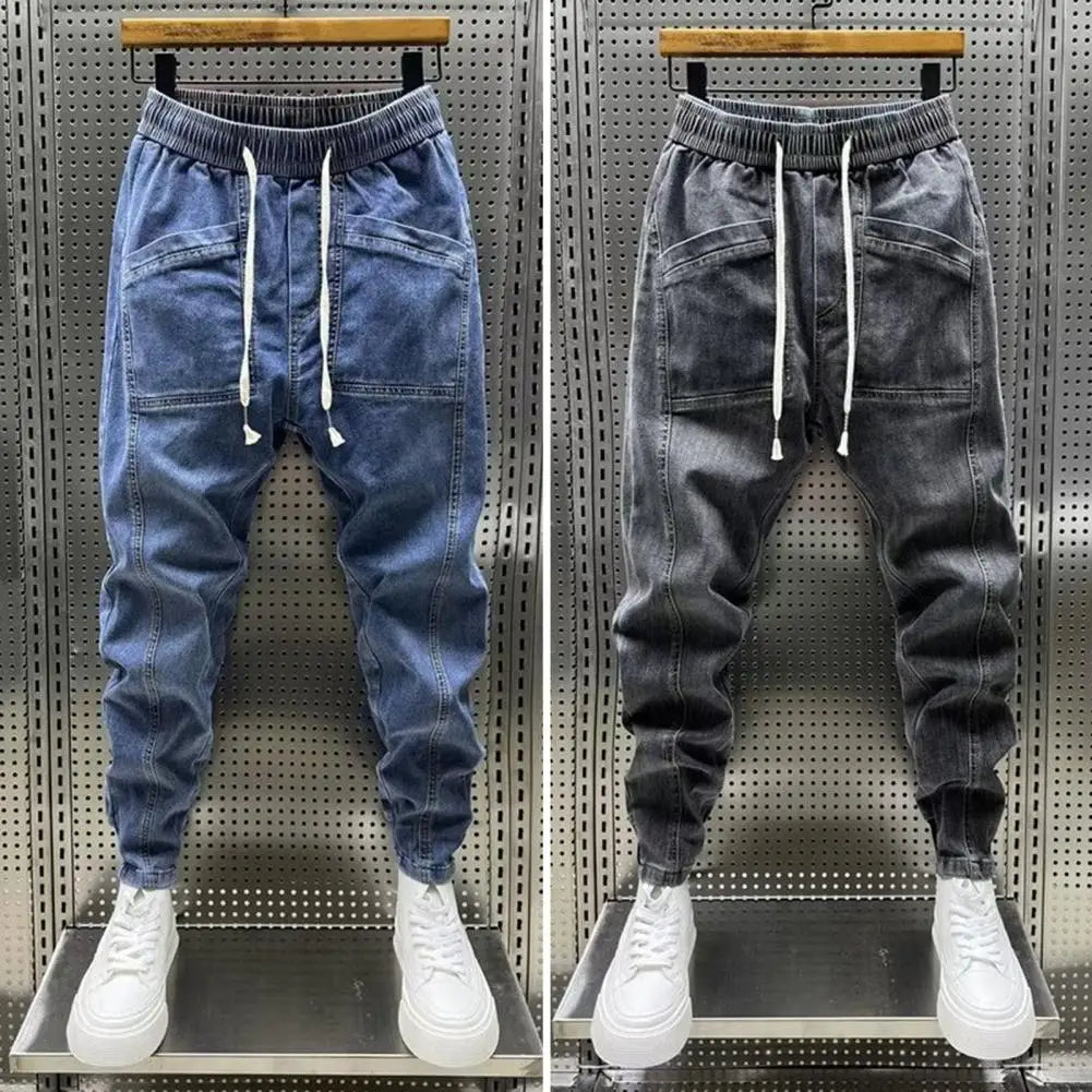 Elastic Waist Jeans Men's Elastic Drawstring Waist Denim Cargo Pants With Pockets Solid Color Harem Trousers For Spring Autumn - Premium Kiosk