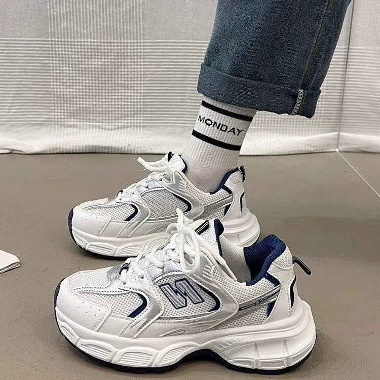 2025 Women's Dad Sneakers, Color-Block Thick-Sole Breathable White Sports Shoes, Casual Running