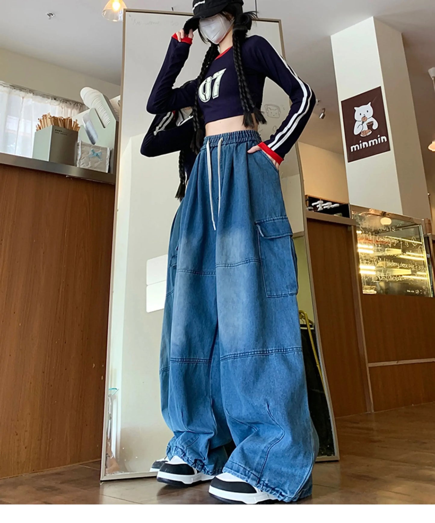 Cargo Jean Loose Wide Leg Workwear Jeans Elastic Waist Men and Women Spring Autumn Faion Brand Waed Out Trousers Straight Cut
