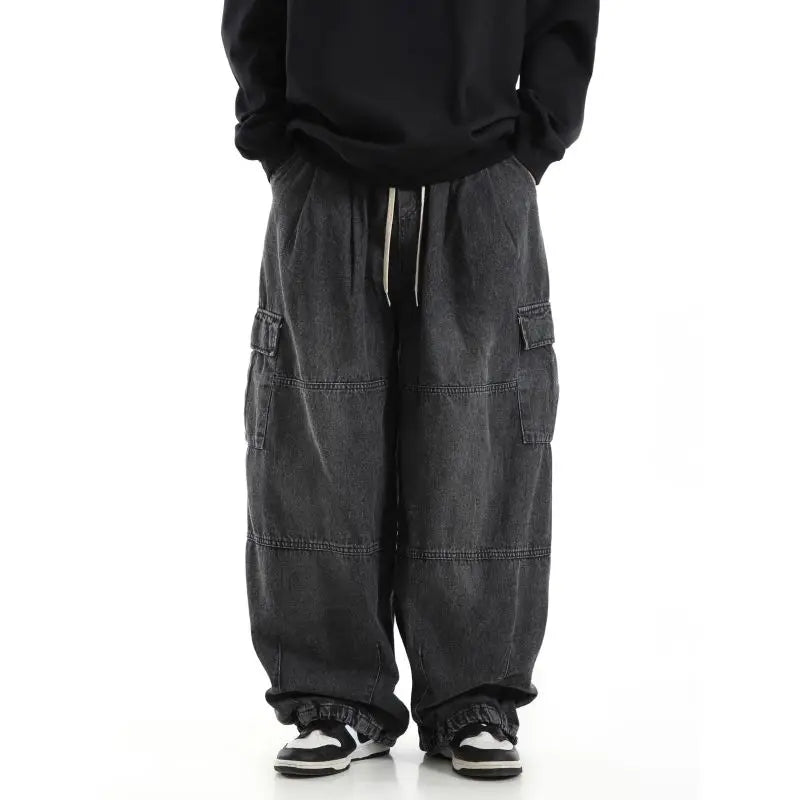 Y2k Black Baggy Cargo Jeans Trousers Men Streetwear Casual Hippie Jogging Wide leg Oversize Old Money Vintage Denim Pants - Premium Kiosk