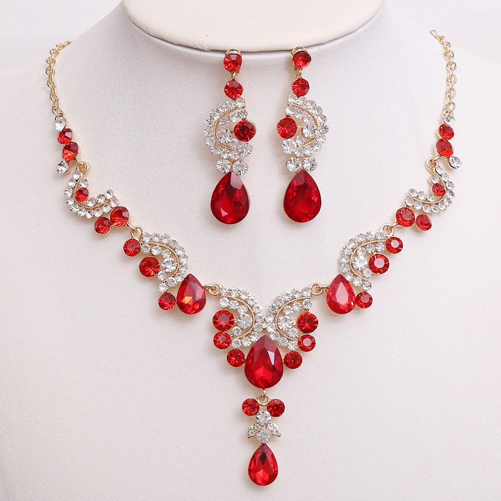 3pcs/set Princess Crown Bridal Jewelry Sets for Girls Water Drop Green Blue Red Crystal Tiaras Necklace Earrings New Jewelry Set