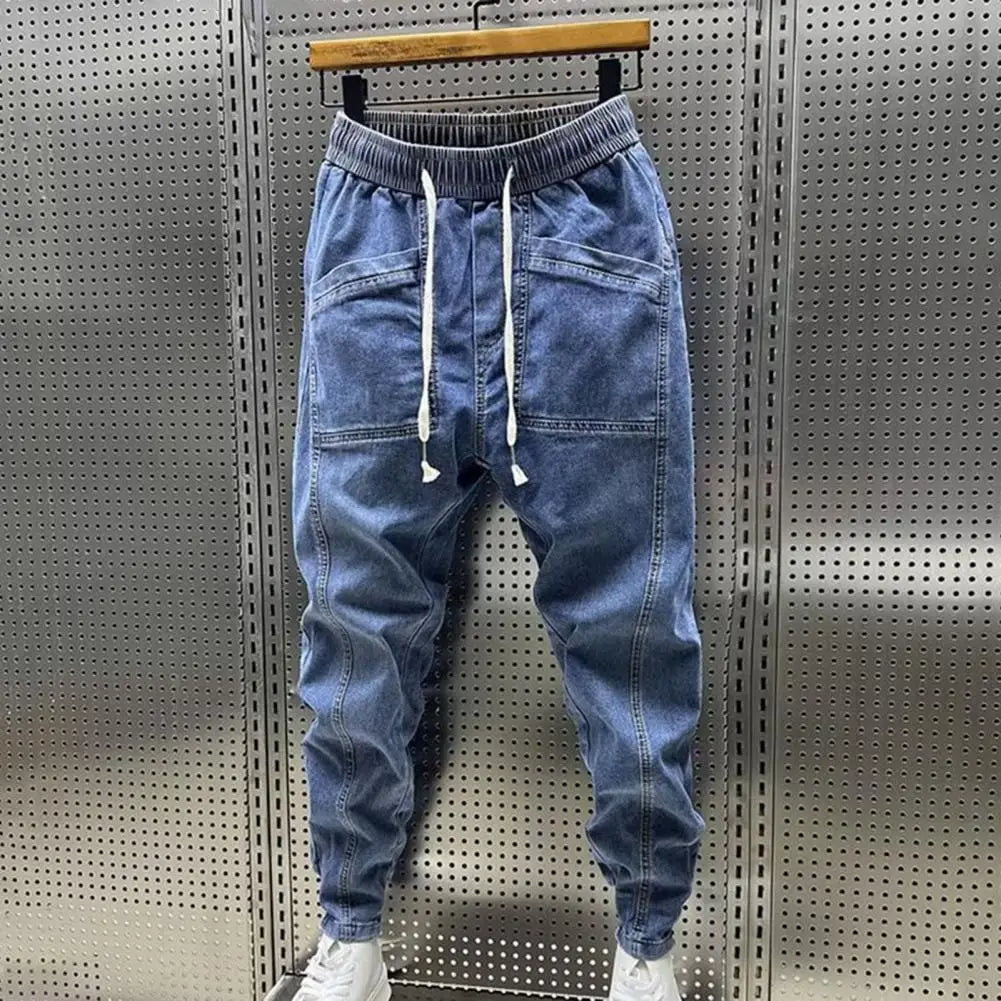 Elastic Waist Jeans Men's Elastic Drawstring Waist Denim Cargo Pants With Pockets Solid Color Harem Trousers For Spring Autumn - Premium Kiosk