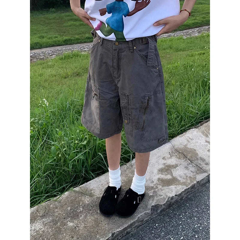 ZHIZOU Women Cargo Short Jeans American Vintage Y2K Straight Streetwear Wide Leg Pants High Waist Summer Knee Length Denim Short - Premium Kiosk