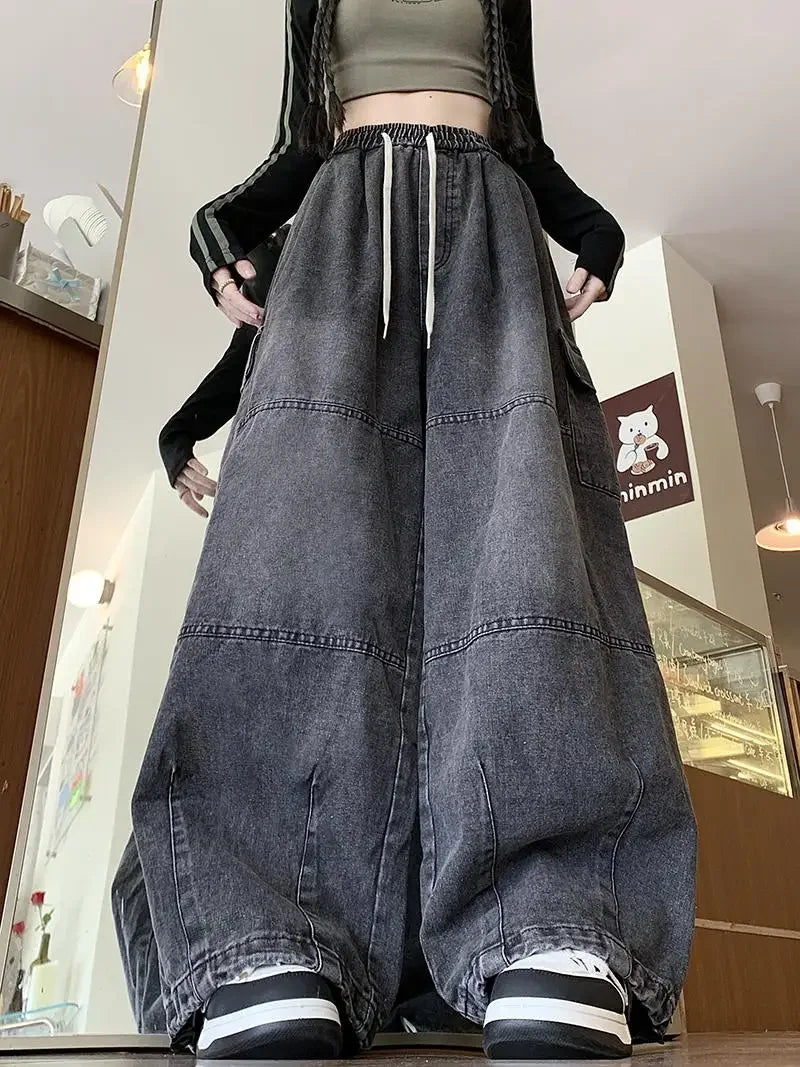 Cargo Jean Loose Wide Leg Workwear Jeans Elastic Waist Men and Women Spring Autumn Faion Brand Waed Out Trousers Straight Cut