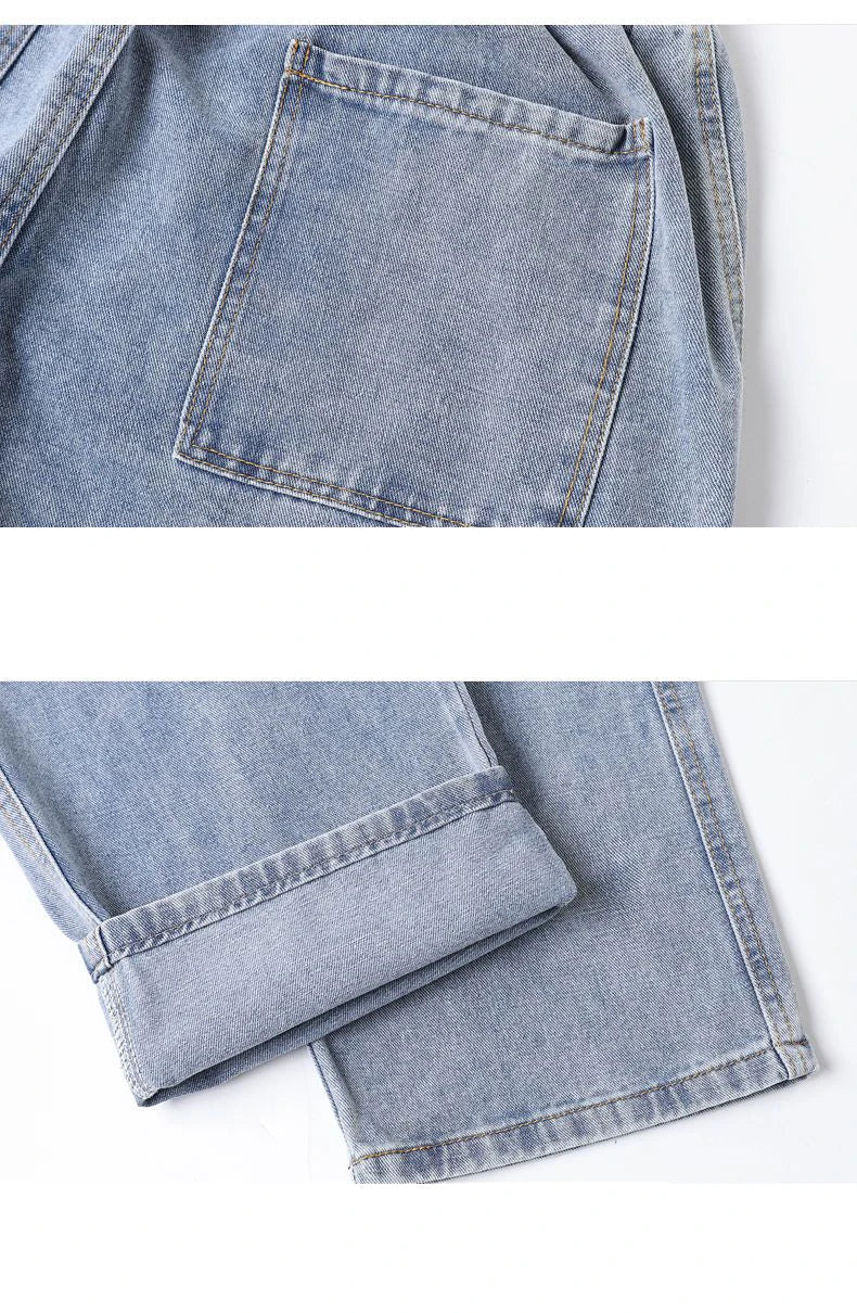 Men's Baggy Straight Cargo Jeans Elastic Waist Drawstring Casual Pants High Street Fashion Vintage Trousers Male Trendy Brand