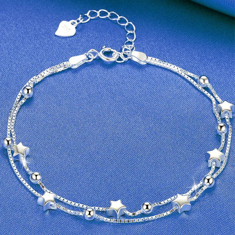 100% Solid 925 Sterling Silver Metal Bracelets for Women Men Adjustable Beads Handmade Simple Birthday Christmas Gift