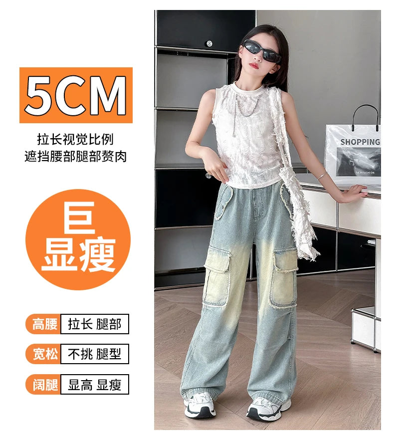 4-14 teen girls Jeans Summer Kids Cargo Pants Fashion casual versatile gradient Side Big Pocket Soft Thin denim wide leg pants - Premium Kiosk