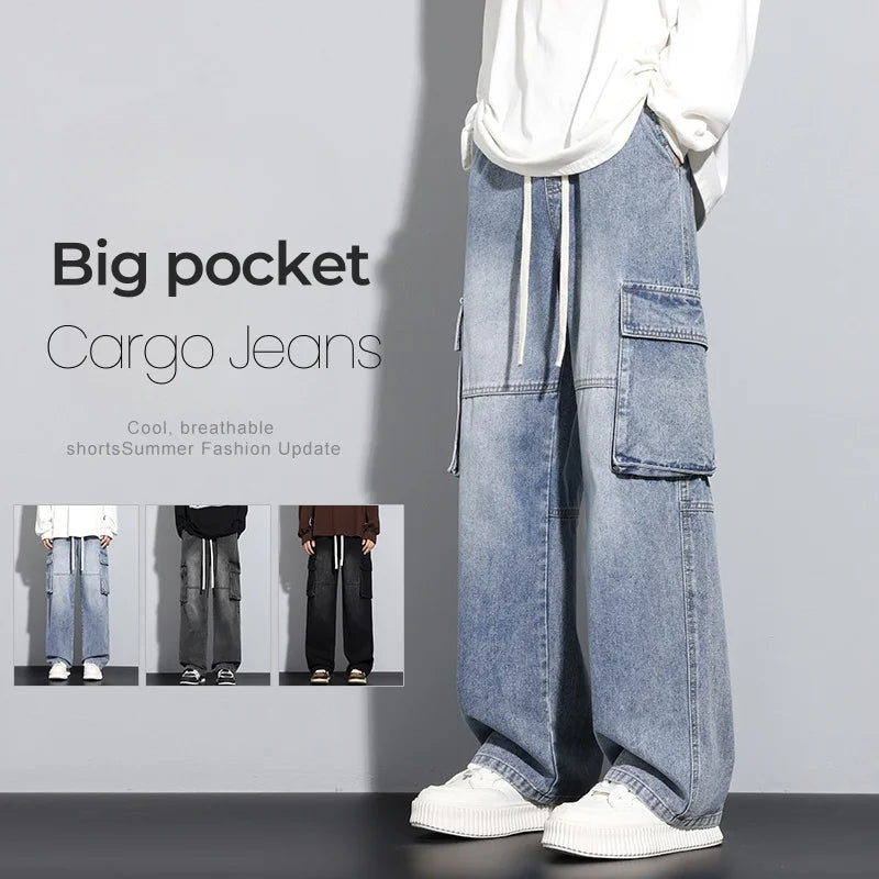 Men's Straight Cargo Jeans New Elastic Waist Multi-pockets Baggy Denim Pants Y2K Fashion Harajuku Streetwear Trousers Male - Premium Kiosk