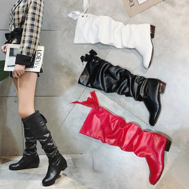 2024Shoes For Women Knee High Boots Red Black White Tall Boots Woman Pleated Low Heel Casual Leather Female Long Shoes