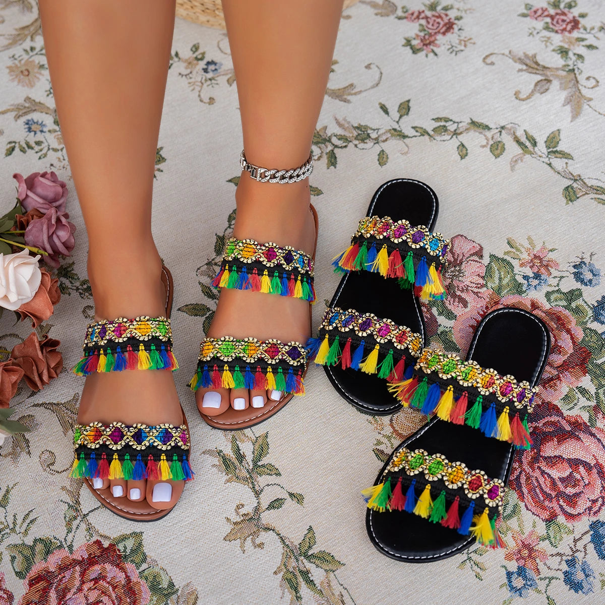 2025 New Women Slippers Casual Comfortable Beach Slippers Bohemia Style Flat Shoes Ladies Outdoor Fashion Sandals Slides Women - Premium Kiosk