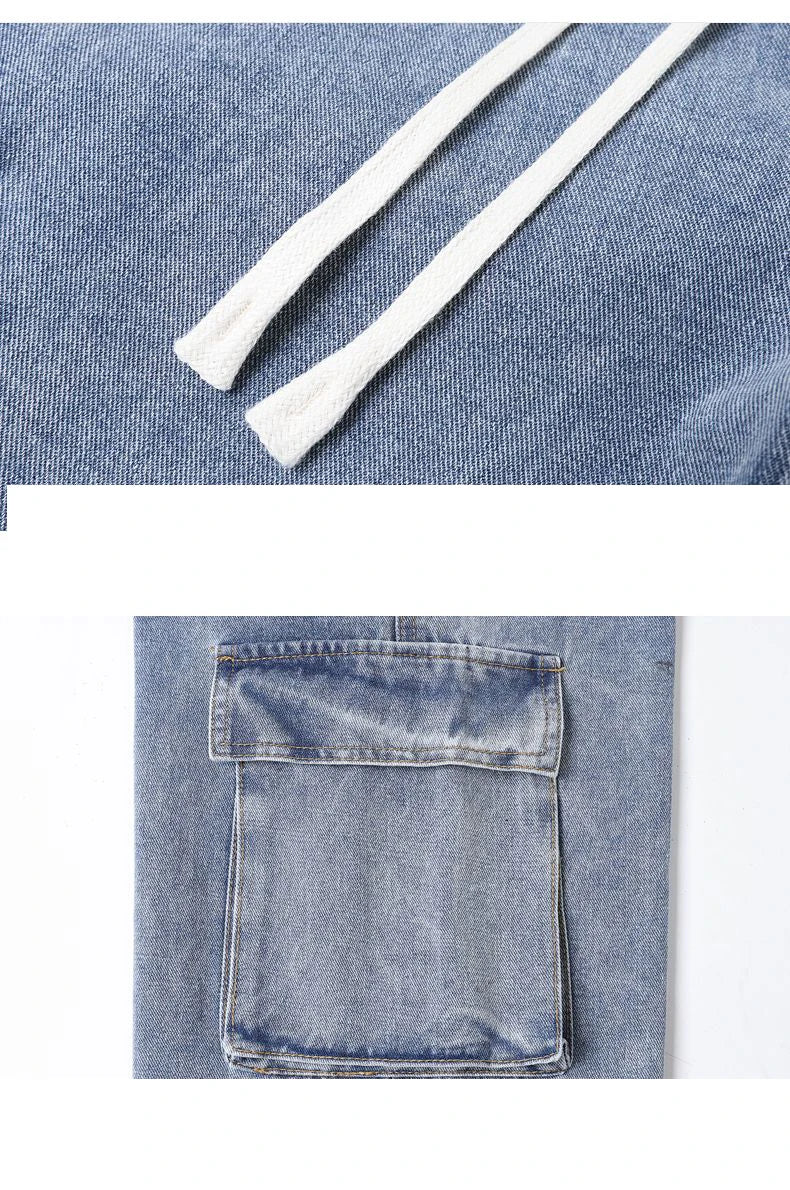 Men's Baggy Straight Cargo Jeans Elastic Waist Drawstring Casual Pants High Street Fashion Vintage Trousers Male Trendy Brand