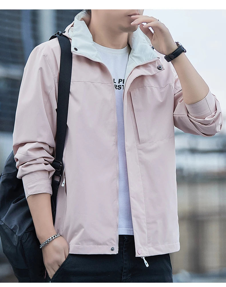 Jacket Men's 2025 Spring and Autumn Fashion Casual Waterproof Hooded Windbreaker Male Outdoor Camping Sports Solid Color Coat