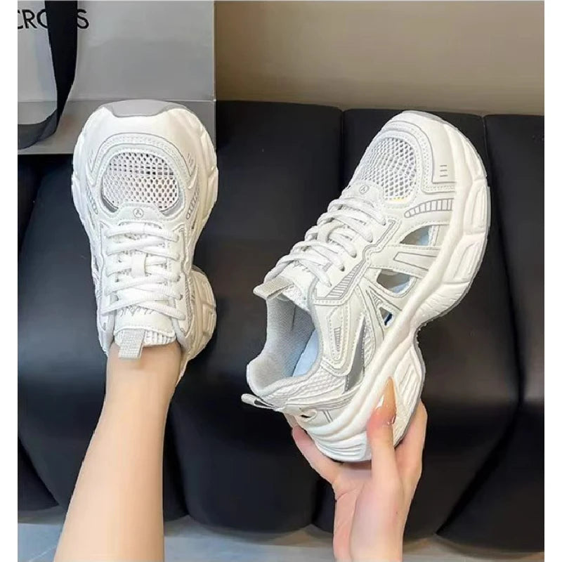 2025 New Fashion Dad Shoes -Breathable Hollow-Out Sneakers with Contrast Laces, Lightweight Summer Walking Shoes for Travel