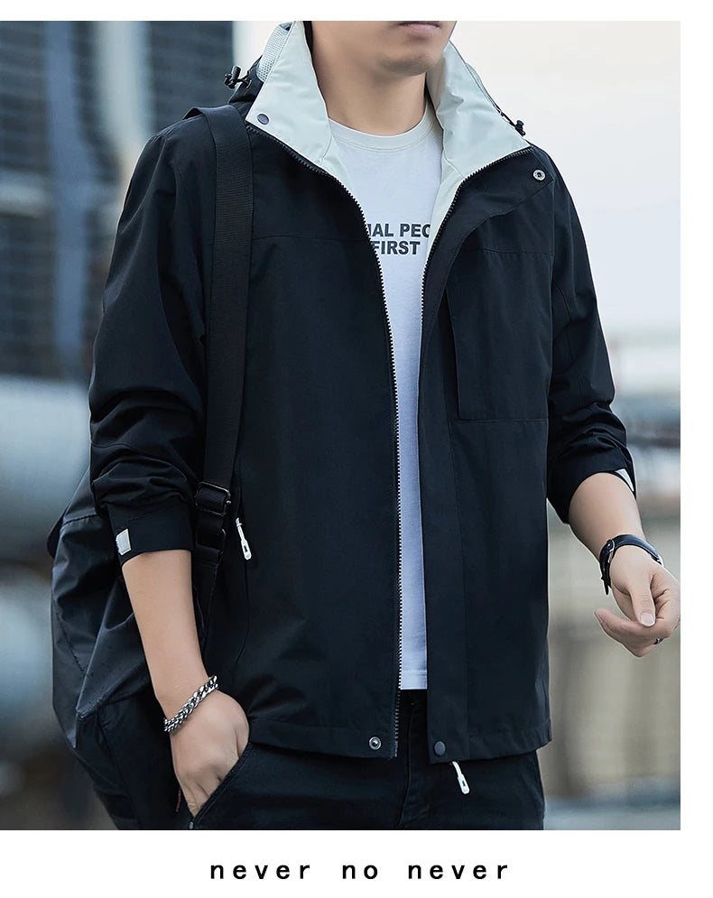 Jacket Men's 2025 Spring and Autumn Fashion Casual Waterproof Hooded Windbreaker Male Outdoor Camping Sports Solid Color Coat