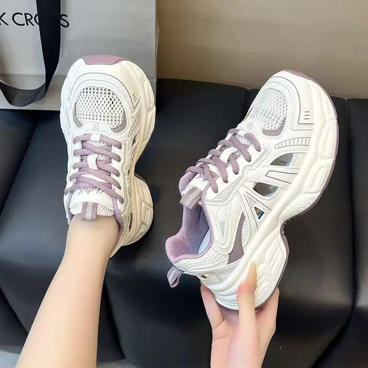 2025 New Fashion Dad Shoes -Breathable Hollow-Out Sneakers with Contrast Laces, Lightweight Summer Walking Shoes for Travel