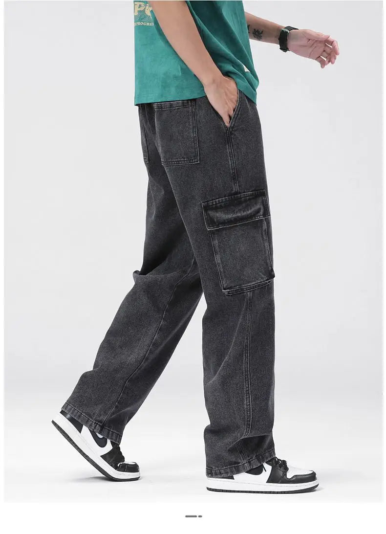 Men's Baggy Straight Cargo Jeans Elastic Waist Drawstring Casual Pants High Street Fashion Vintage Trousers Male Trendy Brand