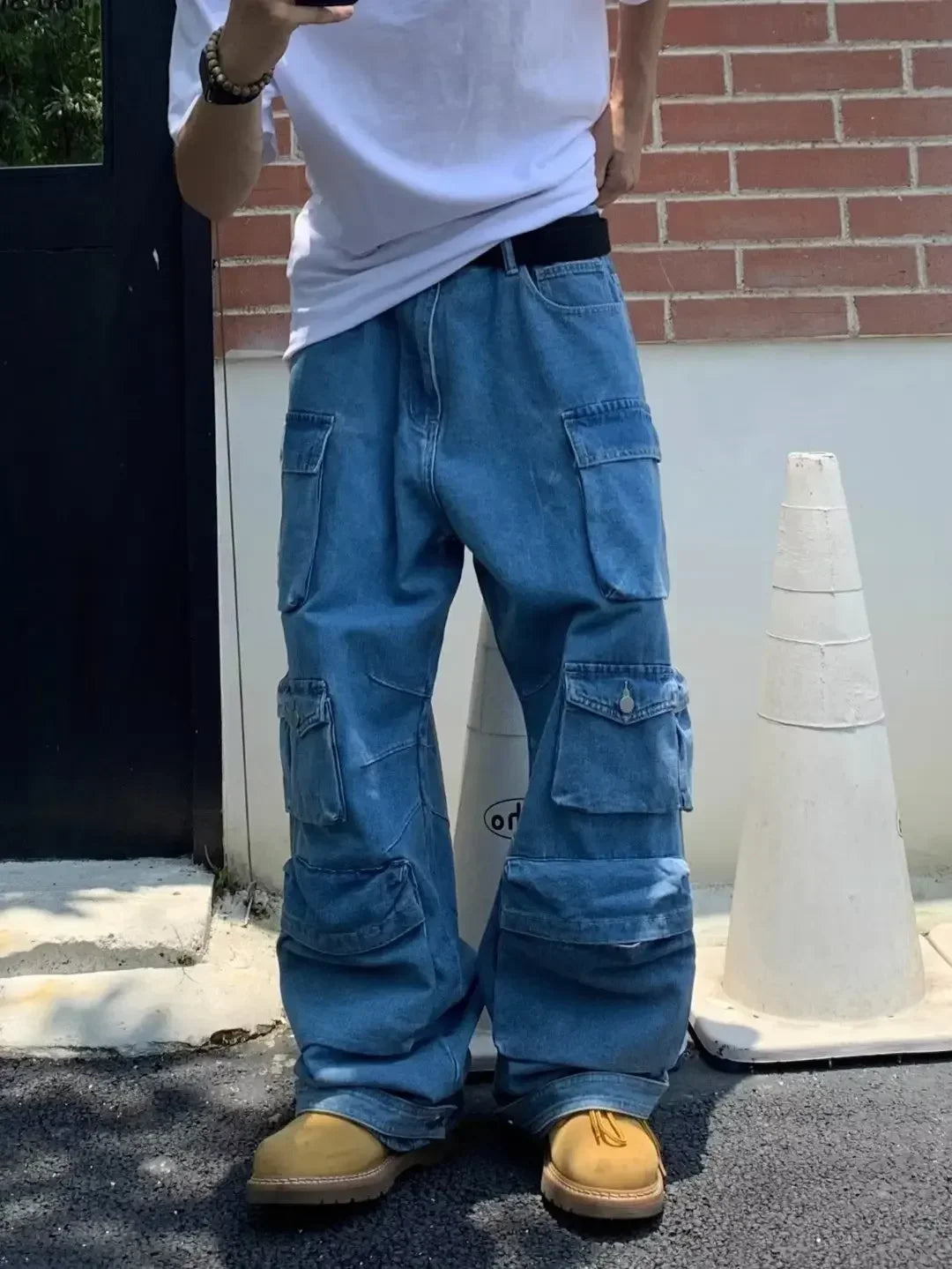 Men's Cargo Jeans Spring New Fashion Hip Hop Streetwear Multi Pocket Loose Blue Wide Legs Denim Pants Personalized Y2K Trousers - Premium Kiosk