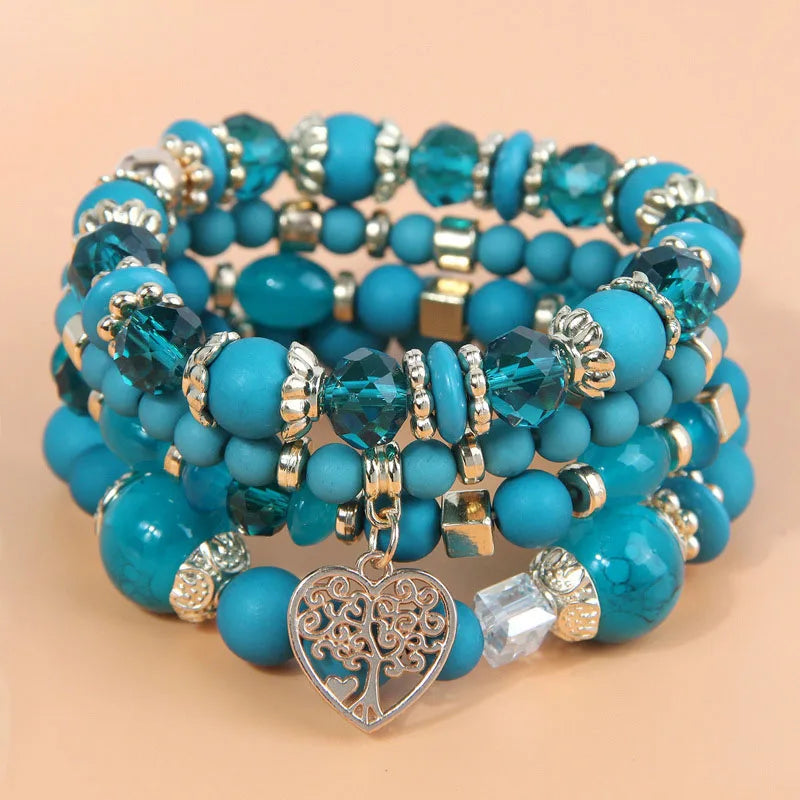 4 Pieces Stretch Beaded Bracelets Set For Women Heart Pendant Adjustable Colorful Charms New Fashion Jewelry Glass Stones C1338