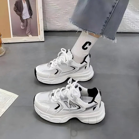 2025  Women's Dad Sneakers, Color-Block Thick-Sole Breathable White Sports Shoes, Casual Running
