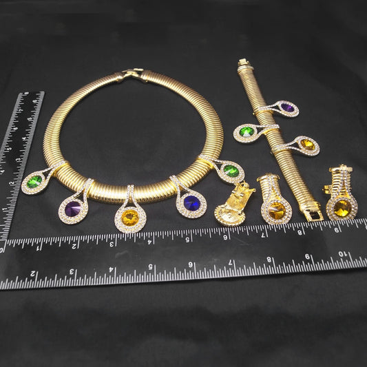 Women Jewelry Set Luxury 24K Gold Plated Colorful Rhinestone Necklace Earrings Gorgeous Wedding Banquet Jewelry Costume