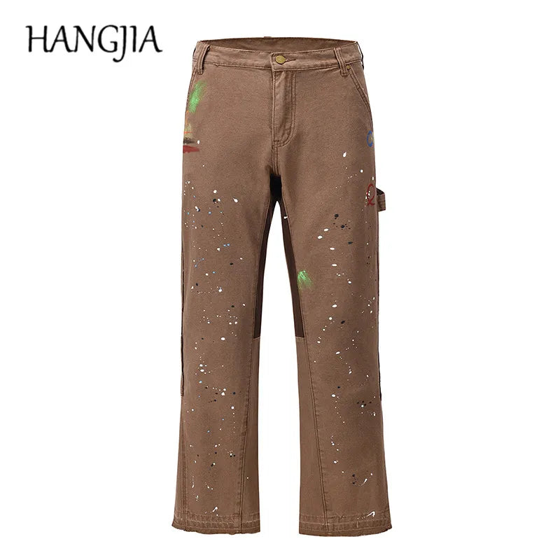 2023 Streetwear Graffiti Cargo Flared Jeans Khaki Black Splash Ink Wide Leg Denim Pant Hip Hop Cargo Trousers Jean Men - Premium Kiosk