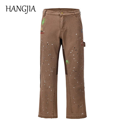 2023 Streetwear Graffiti Cargo Flared Jeans Khaki Black Splash Ink Wide Leg Denim Pant Hip Hop Cargo Trousers Jean Men - Premium Kiosk