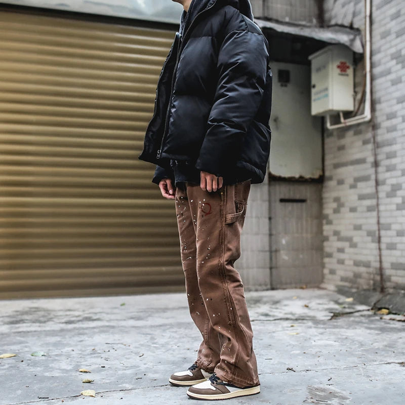 2023 Streetwear Graffiti Cargo Flared Jeans Khaki Black Splash Ink Wide Leg Denim Pant Hip Hop Cargo Trousers Jean Men - Premium Kiosk