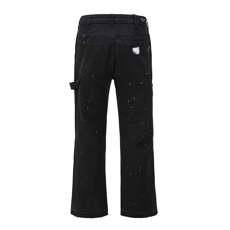2023 Streetwear Graffiti Cargo Flared Jeans Khaki Black Splash Ink Wide Leg Denim Pant Hip Hop Cargo Trousers Jean Men - Premium Kiosk