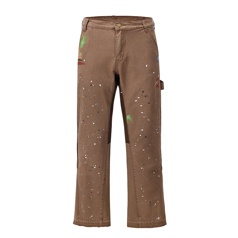 2023 Streetwear Graffiti Cargo Flared Jeans Khaki Black Splash Ink Wide Leg Denim Pant Hip Hop Cargo Trousers Jean Men - Premium Kiosk