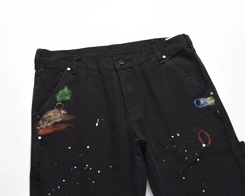 2023 Streetwear Graffiti Cargo Flared Jeans Khaki Black Splash Ink Wide Leg Denim Pant Hip Hop Cargo Trousers Jean Men - Premium Kiosk