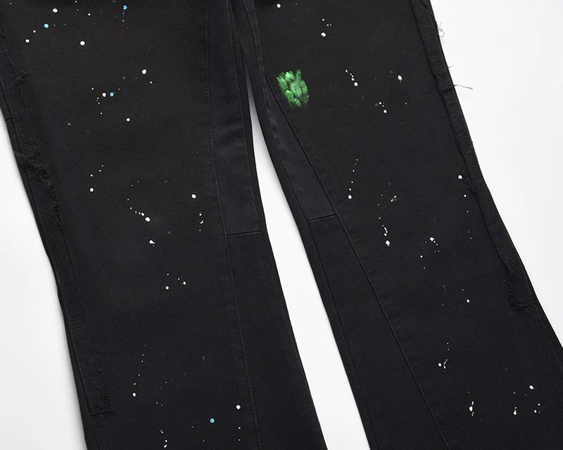 2023 Streetwear Graffiti Cargo Flared Jeans Khaki Black Splash Ink Wide Leg Denim Pant Hip Hop Cargo Trousers Jean Men - Premium Kiosk