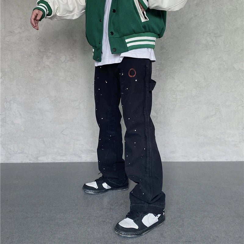2023 Streetwear Graffiti Cargo Flared Jeans Khaki Black Splash Ink Wide Leg Denim Pant Hip Hop Cargo Trousers Jean Men - Premium Kiosk
