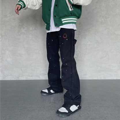 2023 Streetwear Graffiti Cargo Flared Jeans Khaki Black Splash Ink Wide Leg Denim Pant Hip Hop Cargo Trousers Jean Men - Premium Kiosk
