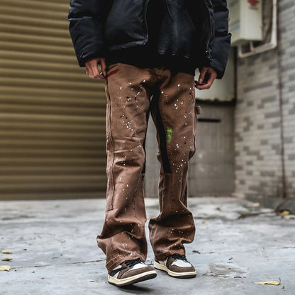 2023 Streetwear Graffiti Cargo Flared Jeans Khaki Black Splash Ink Wide Leg Denim Pant Hip Hop Cargo Trousers Jean Men - Premium Kiosk