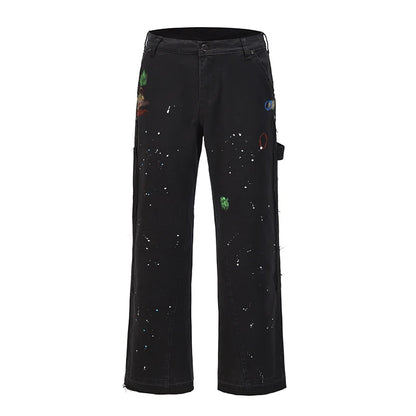 2023 Streetwear Graffiti Cargo Flared Jeans Khaki Black Splash Ink Wide Leg Denim Pant Hip Hop Cargo Trousers Jean Men - Premium Kiosk