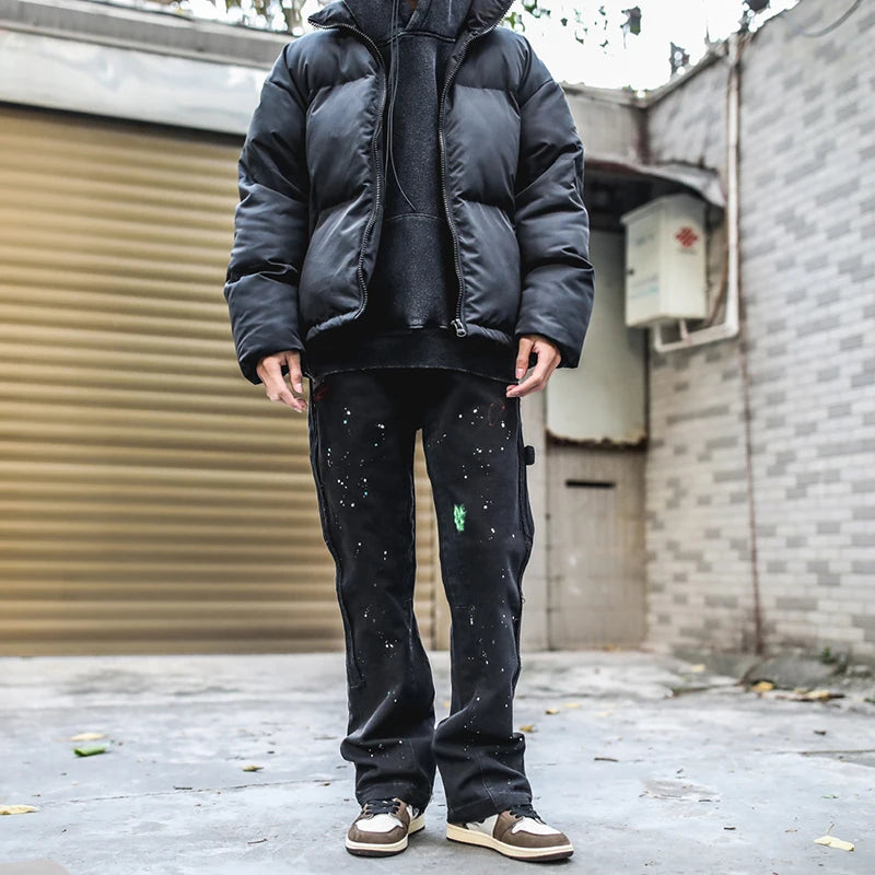 2023 Streetwear Graffiti Cargo Flared Jeans Khaki Black Splash Ink Wide Leg Denim Pant Hip Hop Cargo Trousers Jean Men - Premium Kiosk
