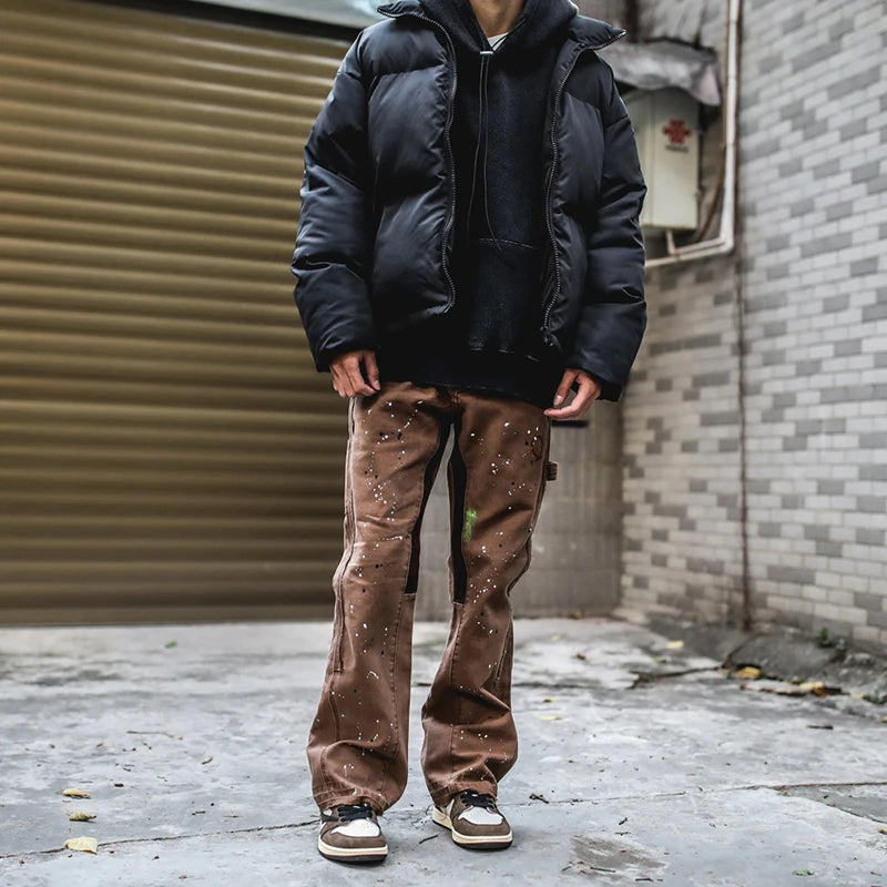 2023 Streetwear Graffiti Cargo Flared Jeans Khaki Black Splash Ink Wide Leg Denim Pant Hip Hop Cargo Trousers Jean Men - Premium Kiosk