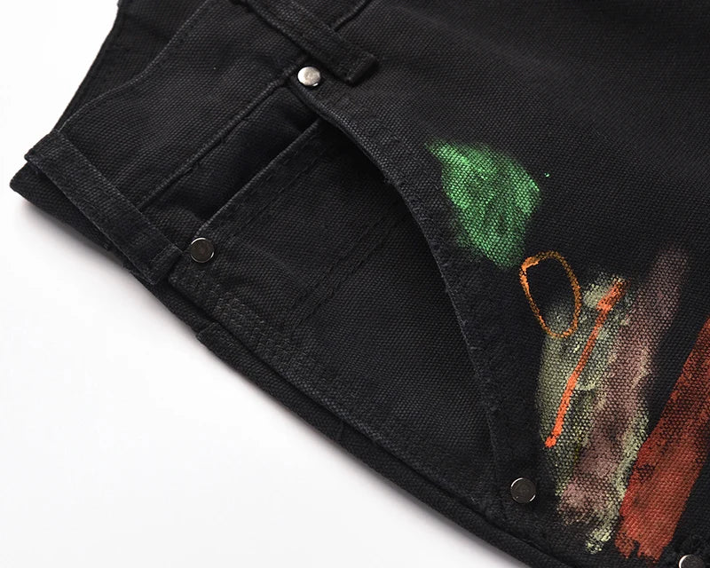 2023 Streetwear Graffiti Cargo Flared Jeans Khaki Black Splash Ink Wide Leg Denim Pant Hip Hop Cargo Trousers Jean Men - Premium Kiosk
