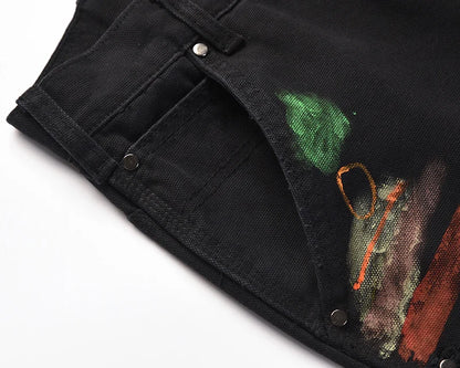 2023 Streetwear Graffiti Cargo Flared Jeans Khaki Black Splash Ink Wide Leg Denim Pant Hip Hop Cargo Trousers Jean Men - Premium Kiosk