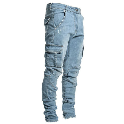 Street Elastic Jeans Men Denim Cargo Pants Wash Solid Color Multi Pockets Casual Mid Waist Trousers Slim Fit Daily Wear Joggers - Premium Kiosk