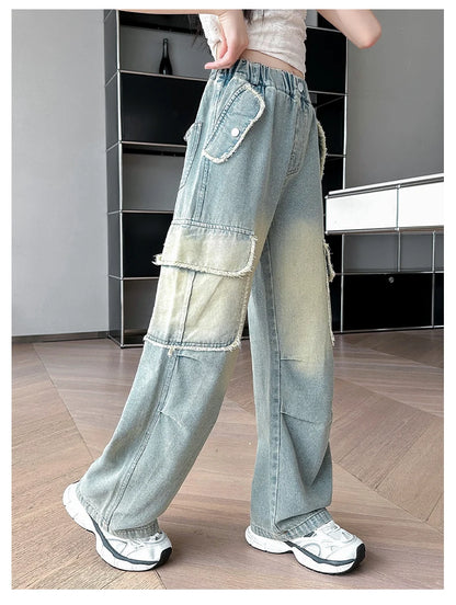 4-14 teen girls Jeans Summer Kids Cargo Pants Fashion casual versatile gradient Side Big Pocket Soft Thin denim wide leg pants - Premium Kiosk
