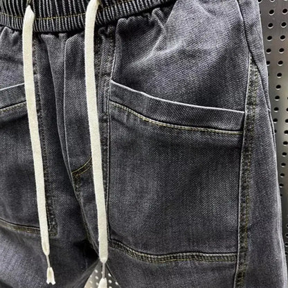 Elastic Waist Jeans Men's Elastic Drawstring Waist Denim Cargo Pants With Pockets Solid Color Harem Trousers For Spring Autumn - Premium Kiosk