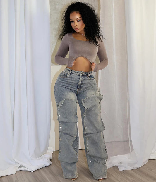 Women Streetwear Button Cutout Cargo Straight Denim Wide Leg Jeans Pants 2024 Elastic INS Fashion Party Cargo Trousers - Premium Kiosk