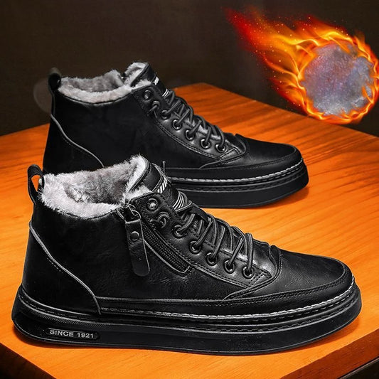 Winter fleece boots men's high-top shoes men's trend versatile leather shoes casual platform thermal cotton shoes
