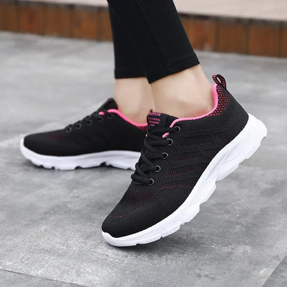Women's Black Breathable Knitted Sneakers Casual Lace Up Outdoor Walking Shoes Comfortable Fashionable Versatile Tennis Shoes