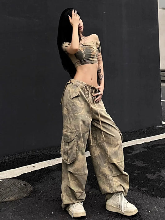 Vintage Washed Cargo Camouflage Jeans for Women American Street Wasteland Style Trendy Straight Pants Baggy Wide Leg Pants - Premium Kiosk